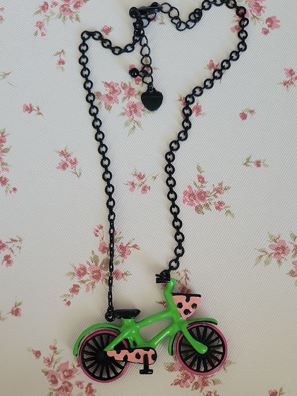 Betsey Johnson Green & Pink Bicycle Pendant Necklace